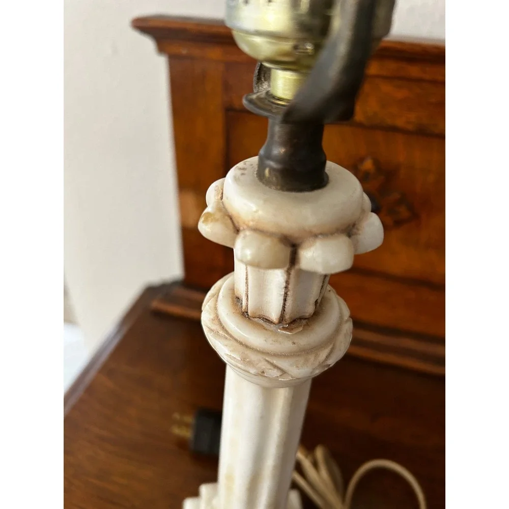 Vintage Alabaster Column Table Lamp Neoclassical Carved Stone Cream White 14in - Picture 2 of 5